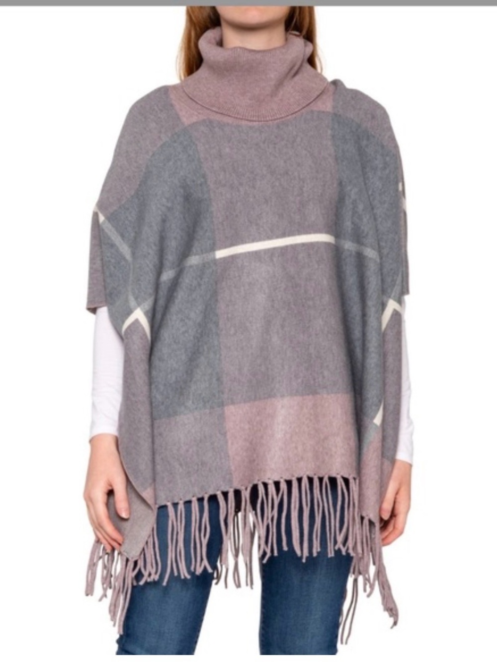 House of Harlow 1960 Dusty Pink and Gray Fringe Turtleneck Poncho One Size